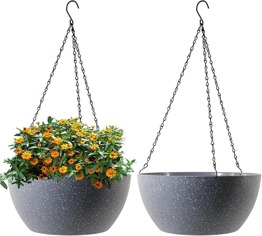 13 inch Large Hanging Planters Plant Pots for Outdoor Indoor Plants with Drainage Holes and Chain, 2 Pack Round Hanging Flower Pots for Garden Home Porch Decor, Speckled Grey-BloomoryGarden