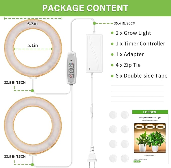 LORDEM 6.3" Bamboo Ceiling Grow Light for Indoor Plants, 144 LEDs Full Spectrum Grow Lamp, Under Cabinet Plant Light with 4/8/12H Auto Timer, 3 Switch Modes, 4 Dimmable Brightness Levels, Dual Head-BloomoryGarden