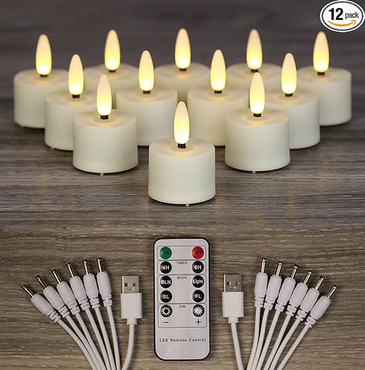 12 PCS 3D Wick Rechargeable Flameless Tealight Candles with Remote and Timer, Battery Operated Flickering LED Tea Lights, Durable & Lovely Fake Tea Candles, Ideal for Pumpkin/Bar/Party Decor-BloomoryGarden