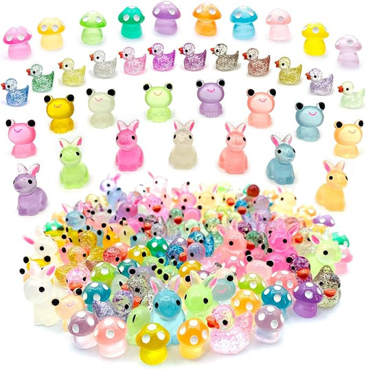 122Pcs Luminous Mini Resin Animal Figurines Glow in The Dark Cute Rabbits Frogs Mushrooms Glitter Ducks 4 Combination Miniature Figurines Set for Office Garden Decoration Aquarium Home Party Decor-BloomoryGarden