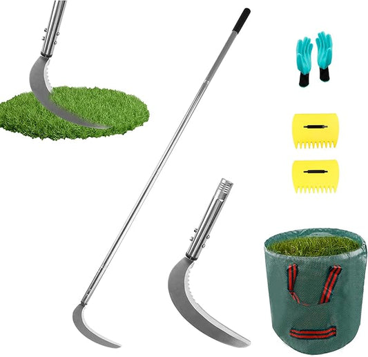HQPASFY Weeding Sickle Set, Long Handle Sickle with Serrated Double-Edged Blade, Grass Sickle Stand Up Weeding Tool with 2 Pack Leaf Scoops, 16 Gallon Lawn Bag with Gardening Gloves ﻿﻿for Yard