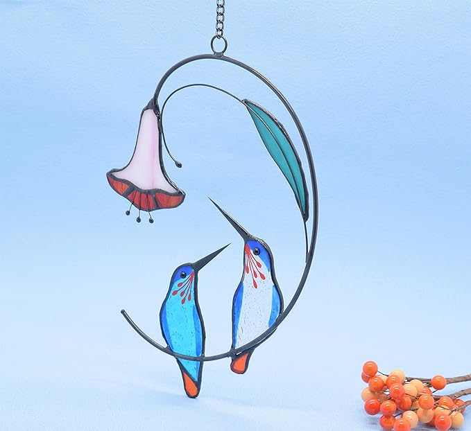 Lolitarcrafts Hummingbird with Flower Stained Glass Suncatcher Bird Stained Glass Window Hangings Hummingbird Gift for Home Decor (Blue 1 Pair)-BloomoryGarden