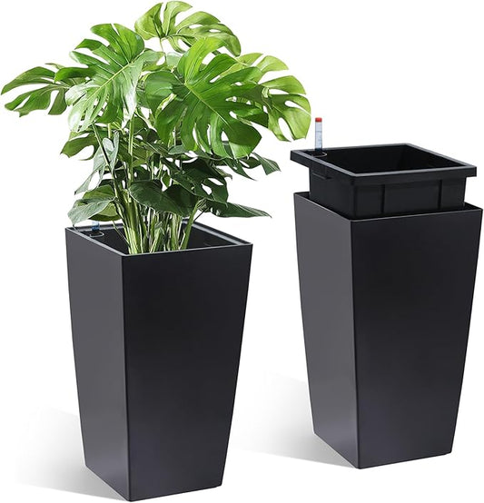 16" Tall Planters Set of 2, Outdoor＆Indoor Black Planter Pots, High Front Porch Planter Pots with Drainage Holes＆Water Level Monitor＆Inner Bucket, Automatic Watering,Black-BloomoryGarden