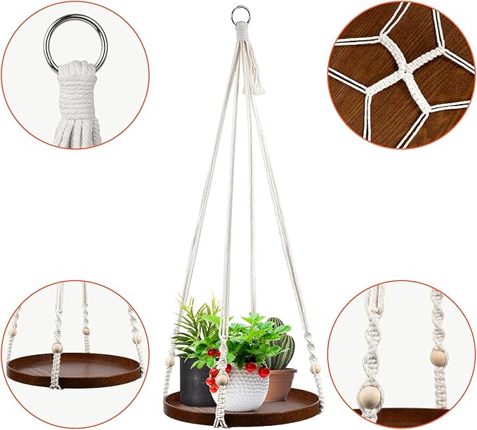 Macrame Plant Hanger - 2 Set Indoor Hanging Planter Shelf - Hanging Planter Rack Decorative Flower Pot Holder - Handmade Cotton Plant Hangers with Wood Tray Boho Home Decor-BloomoryGarden