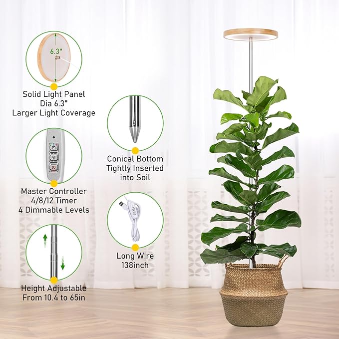 LORDEM Bamboo Grow Light for Indoor Plants, Full Spectrum LED Plant Grow Light, Height Adjustable Growing Lamp with Auto Timer 4H/8H/12H, 4 Dimmable Levels, Ideal for Large Tall Plants, 2 Pack-BloomoryGarden