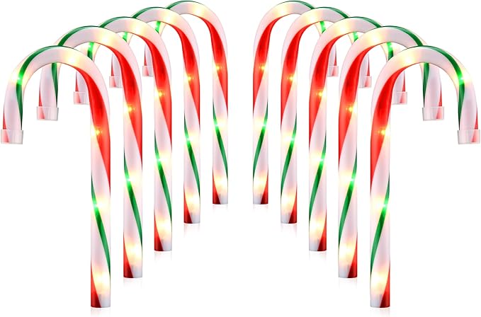 10" Christmas Candy Cane Pathway Lights, Set of 10 Pack Christmas Outdoor Decorations Candy Cane Lights Red & Green-BloomoryGarden