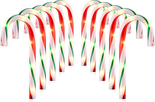 10" Christmas Candy Cane Pathway Lights, Set of 10 Pack Christmas Outdoor Decorations Candy Cane Lights Red & Green-BloomoryGarden