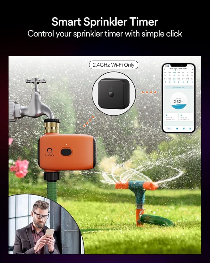 Lumary Smart Sprinkler Timer, WiFi Water Timer for Garden Hose, Brass Inlet Water Hose Timer, Manual/Automatic Irrigation Timer, App/Voice Control Work with Alexa (Gateway Included), Orange, L-WT1A1-BloomoryGarden