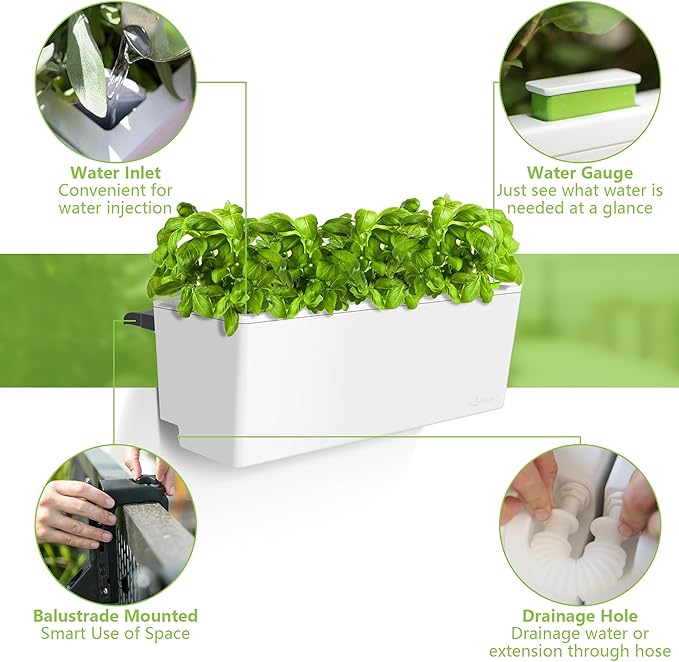 Glowpear Self Watering Railing Planter Box - 23.6", White - UV Stable, Scalable Plant Pot with Water Gauge, Indoor Outdoor for Vegetables, Flowers, Herbs, and Succulents-BloomoryGarden