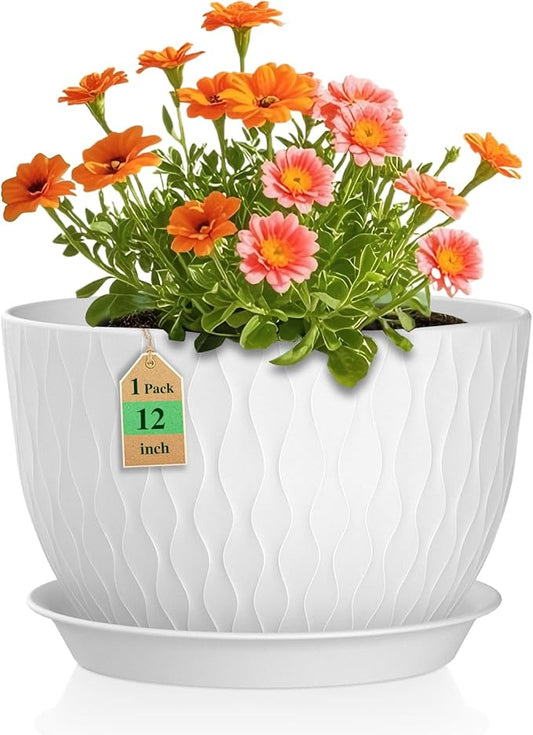 12 Inch Large Plant Pots for Indoor or Outdoor Plants, Wide Water Ripples Flower Pots with Drainage Holes & Saucer, Plastic Planters Set for Garden & Home Decor (White)-BloomoryGarden