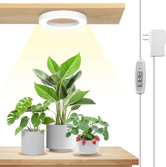 LORDEM 6.3” Ceiling Grow Light for Indoor Plants, 72 LEDs Full Spectrum Halo Plant Light, Under Cabinet Growing Lamp with 4/8/12H Auto Switch, 4 Dimmable Brightness Levels, Ideal for Pot Plants-BloomoryGarden