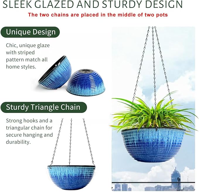 10in Hanging Planters for Indoor and Outdoor Plants, 2 Pack Hanging Planter with Drainage Hole, Round Hanging Flower Pots for Garden Home Decor (Blue Glaze)-BloomoryGarden