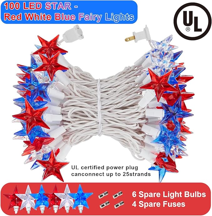 100 LED Red White and Blue Star Lights, 37FT 4th of July Star String Lights Plug in for Home Patio Garden Yard Memorial Day Independence Day Patriotic Decorations Outdoor, White Wire-BloomoryGarden