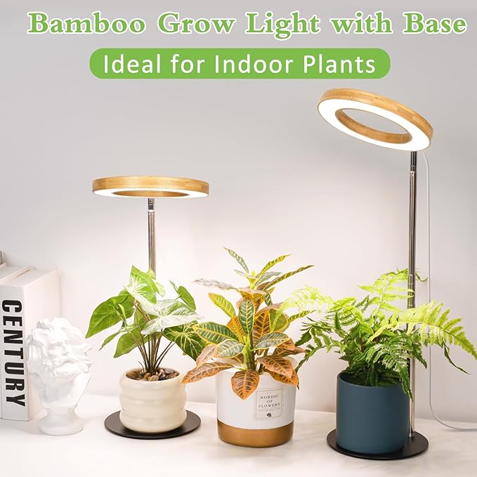 LORDEM Bamboo Grow Light for Indoor Plants, Full Spectrum Plant Light for Indoor Growing, Desk LED Grow Lamp with Auto On/Off Timer for 4H/8H/12H, 4 Dimmable Levels, Height Adjustable, 2 Pack-BloomoryGarden