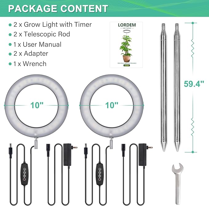 LORDEM 10" Full Spectrum Plant Light, 160 LEDs Large Grow Light for Indoor Tall Plants, Growing Lamp with 4/8/12H Auto Timer, 10 Dimmable Levels, 3 Spectrum Modes, 61" Height Adjustable, Pack of 2-BloomoryGarden