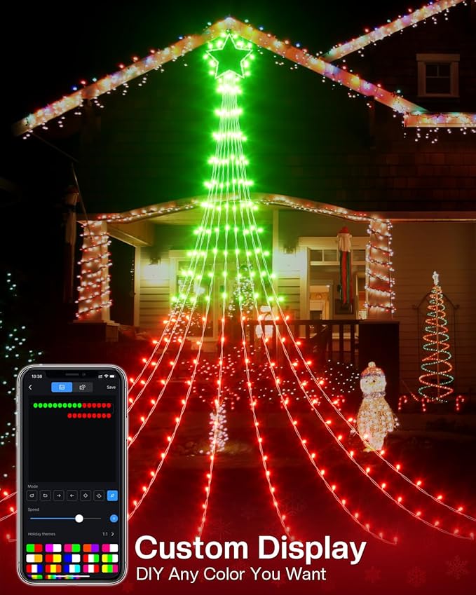 16.5FT Smart Outdoor Christmas Decoration Star String Lights, DIY Color Changing LED Yard Lights App Control Music Sync, Timer, Group Control Waterproof Waterfall Tree Lights for Outside-BloomoryGarden