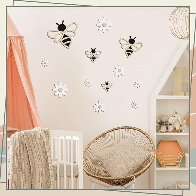 12 Pieces Wooden Bee Decor Farmhouse Honey Bee Daisy Wall Art Hanging Floral Wall Sign for Nursery Indoor Outdoor Garden Yard Kitchen-BloomoryGarden