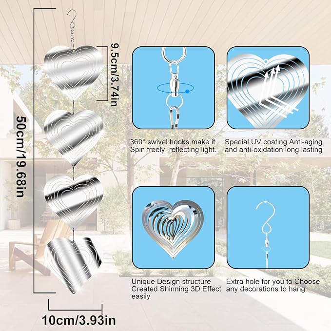 12 Metal Heart Bird Scarer Discs Set, Wind Spinners 3D Helix Reflector Stainless Steel Sparkly Outdoor Garden Decor, Scare Birds & Animals Away from Garden Yard Patio Lawn Farm Wind Sculpture Gifts-BloomoryGarden