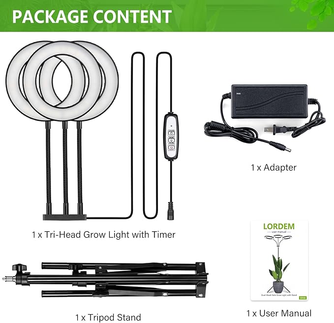 LORDEM Grow Light for Indoor Plants, Tri-Head Plant Light for Plants Growing, Full Spectrum Growth Lamp with Auto Timer for 4/8/12H, 4 Dimmable Levels, 216 LEDs, Height Adjustable Stand 24.4"- 67"-BloomoryGarden