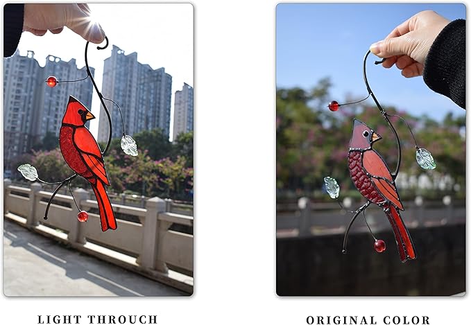 Lolitarcrafts Bigger Cardinal Stained Glass Window Hangings Cute Birds Suncathers for Window Monthers Day Gifts-BloomoryGarden