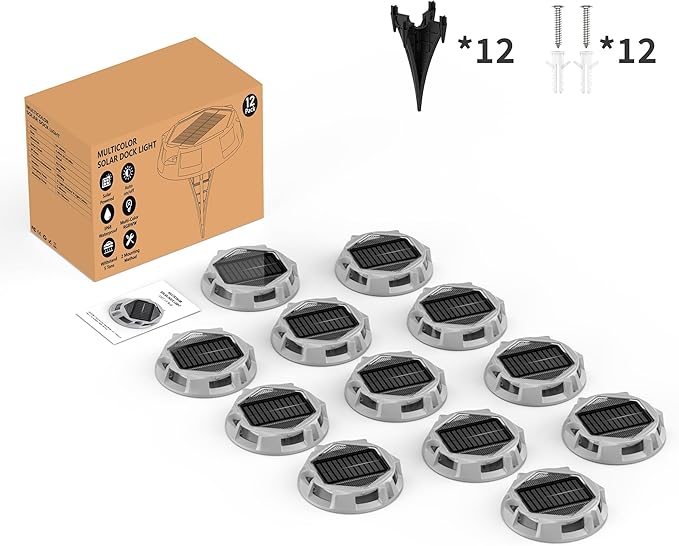 12Pack Aluminum Alloy Solar Driveway Lights, IP68 Solar Deck Light Marine Dock Lights Outdoor Waterproof, Multi-color LED Driveway Markers for Walkway, Path Decor [12Modes - Strobe/RGB/Fix-color]-BloomoryGarden