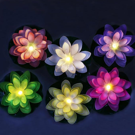 12 PCS Waterproof Floating Lotus Light - Diwali 5 Inch Floating Flower Light Battery Operated Water Activated Warm White Light Pool Flower Lamp Wedding,Anniversary,Garden Decoration(Mix-Color)-BloomoryGarden