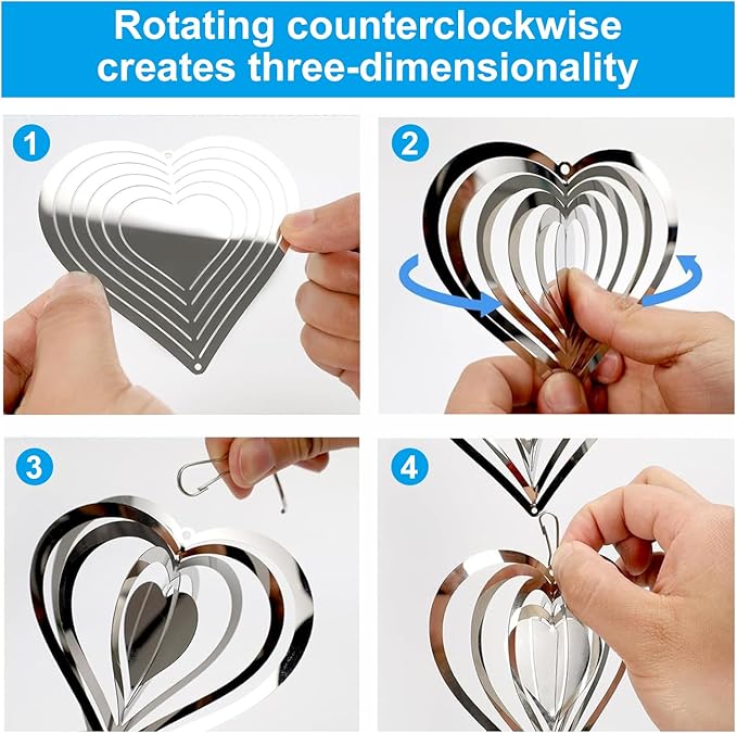 12 Metal Heart Bird Scarer Discs Set, Wind Spinners 3D Helix Reflector Stainless Steel Sparkly Outdoor Garden Decor, Scare Birds & Animals Away from Garden Yard Patio Lawn Farm Wind Sculpture Gifts-BloomoryGarden