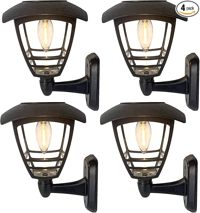 MAGGIFT 4 Pack Solar Powered Wall Lantern, Outdoor 10 Lumen LED Edison Bulb Warm White Solar Lights Wall Sconce with No Wiring Required, Fixture with Wall Mount Kit-BloomoryGarden