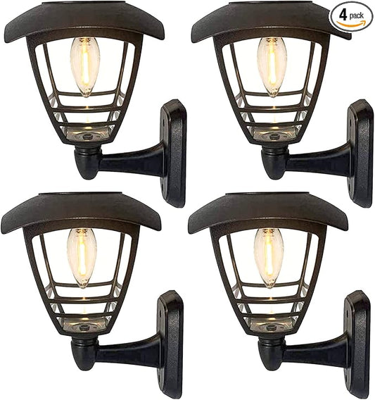 MAGGIFT 4 Pack Solar Powered Wall Lantern, Outdoor 10 Lumen LED Edison Bulb Warm White Solar Lights Wall Sconce with No Wiring Required, Fixture with Wall Mount Kit-BloomoryGarden