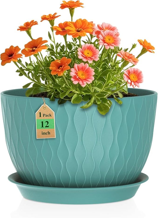 12 Inch Large Plant Pots for Indoor or Outdoor Plants, Wide Water Ripples Flower Pots with Drainage Holes & Saucer, Plastic Planters Set for Garden & Home Decor (Blue Green)-BloomoryGarden