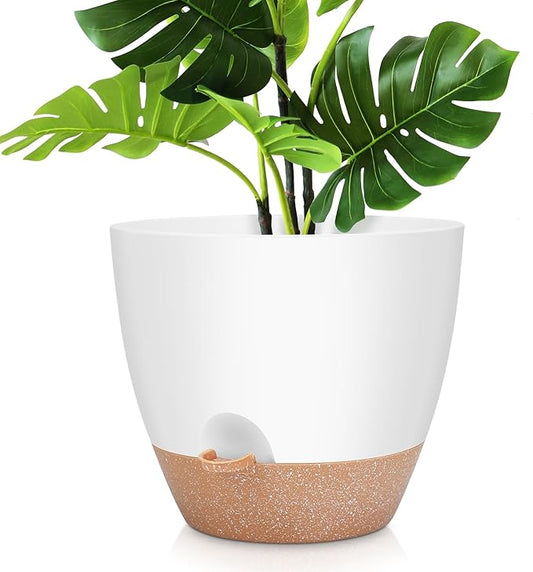 12 Inch Large Self Watering Plant Pot Set, Flower Pots with Multi-Mesh Drainage Holes and Saucer, Suitable for Indoor and Outdoor Garden Plants, White.-BloomoryGarden