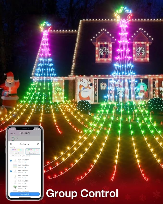 16.5FT Smart Outdoor Christmas Decoration Star String Lights, DIY Color Changing LED Yard Lights App Control Music Sync, Timer, Group Control Waterproof Waterfall Tree Lights for Outside-BloomoryGarden