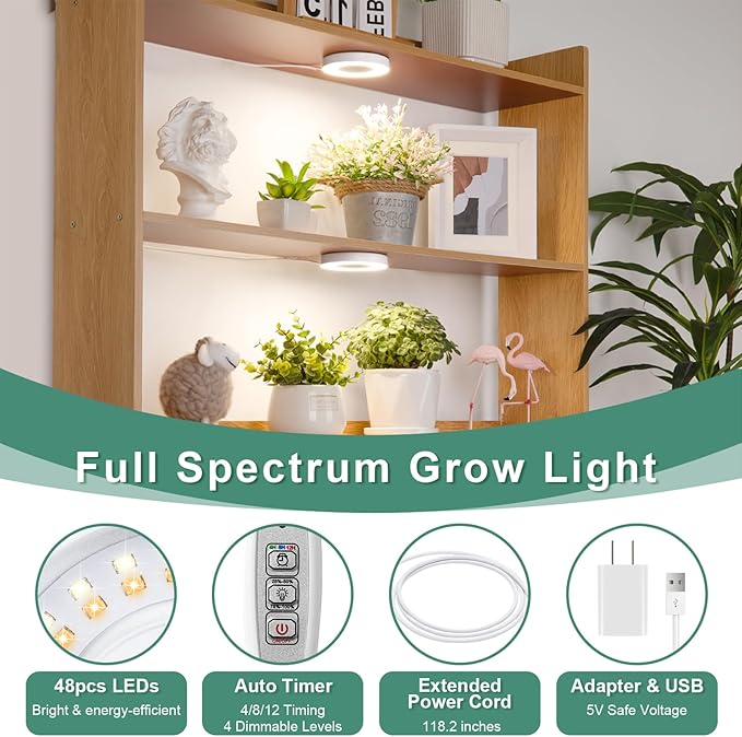 LORDEM Grow Light for Indoor Plants, 48 LEDs Ceiling Full Spectrum Plant Light, 5V Corded Growing Lamp with 4/8/12H Auto Switch, 4 Dimmable Brightness Levels, Single-Head, 2 Pack-BloomoryGarden