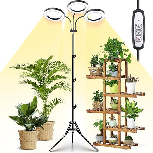 LORDEM Grow Light for Indoor Plants, Tri-Head Plant Light for Plants Growing, Full Spectrum Growth Lamp with Auto Timer for 4/8/12H, 4 Dimmable Levels, 216 LEDs, Height Adjustable Stand 24.4"- 67"-BloomoryGarden