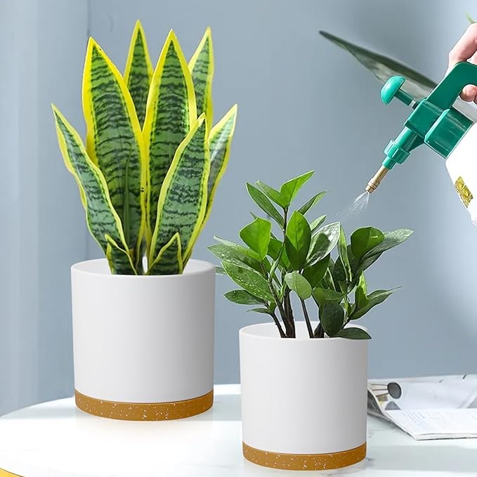 10/8/6 inch Deep Plant Pots, 3 Pack Cylindrical Large Flower Pots for Outdoor Indoor Plants, Tall Plastic Planters with Drainage Holes and Saucers for Garden House Plants, White with Brown-BloomoryGarden
