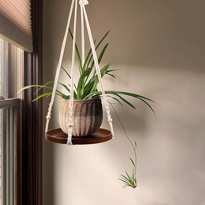 Macrame Plant Hanger - 2 Set Indoor Hanging Planter Shelf - Hanging Planter Rack Decorative Flower Pot Holder - Handmade Cotton Plant Hangers with Wood Tray Boho Home Decor-BloomoryGarden