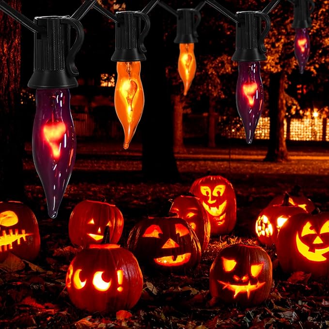 12.8Ft Halloween Decorations - Indoor/Outdoor Flickering Flame String Lights, Orange & Purple, 12 Pack C7 Flame Lights Bulbs-BloomoryGarden