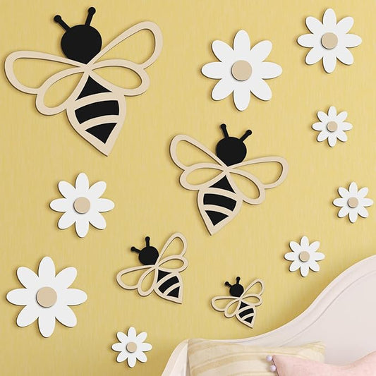 12 Pieces Wooden Bee Decor Farmhouse Honey Bee Daisy Wall Art Hanging Floral Wall Sign for Nursery Indoor Outdoor Garden Yard Kitchen-BloomoryGarden