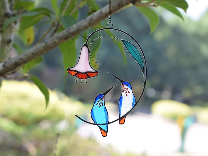 Lolitarcrafts Hummingbird with Flower Stained Glass Suncatcher Bird Stained Glass Window Hangings Hummingbird Gift for Home Decor (Blue 1 Pair)-BloomoryGarden