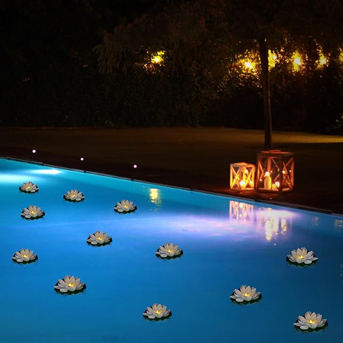 12 PCS Waterproof Floating Lotus Light - Floating Flower Light Battery Operated Water Activated Warm White Pool Flower Lamp Wedding,Anniversary,Garden Decoration-BloomoryGarden