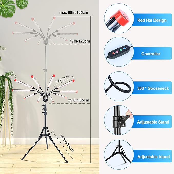 10-Head Grow Lights for Indoor Plants with Stand 90W, LED Plant Grow Light for Tall Houseplants, Bonsai Tree, Full Spectrum Growing Lamp with 4,8,12 Hr Timer, 24"-64" Adjustable Height-BloomoryGarden