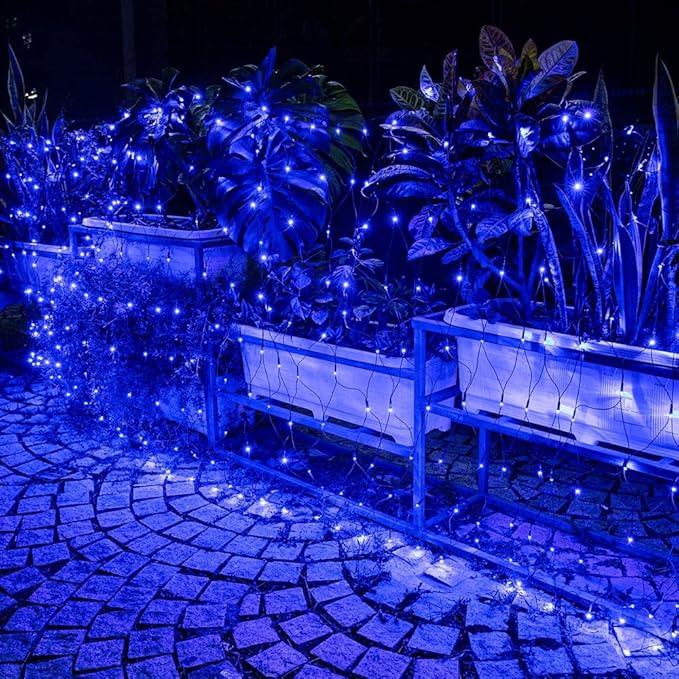 Lomotech 12ft x 5ft 360 LED Christmas Net Lights, 8 Modes Waterproof With Timer Low Voltage Connectable Mesh Lights for Trees, Bushes, Shurb, Garden, Outdoor Decoration(Green Wire, Blue)-BloomoryGarden