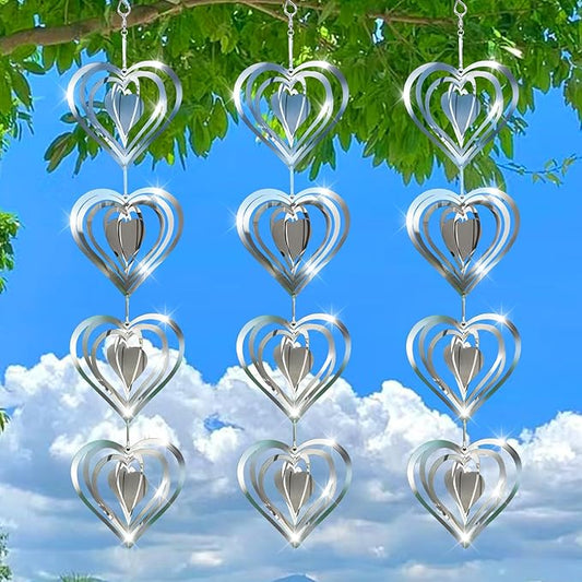 12 Metal Heart Bird Scarer Discs Set, Wind Spinners 3D Helix Reflector Stainless Steel Sparkly Outdoor Garden Decor, Scare Birds & Animals Away from Garden Yard Patio Lawn Farm Wind Sculpture Gifts-BloomoryGarden