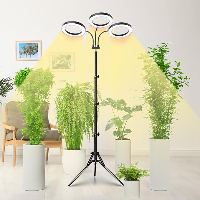 LORDEM Grow Light for Indoor Plants, Tri-Head Plant Light for Plants Growing, Full Spectrum Growth Lamp with Auto Timer for 4/8/12H, 4 Dimmable Levels, 216 LEDs, Height Adjustable Stand 24.4"- 67"-BloomoryGarden