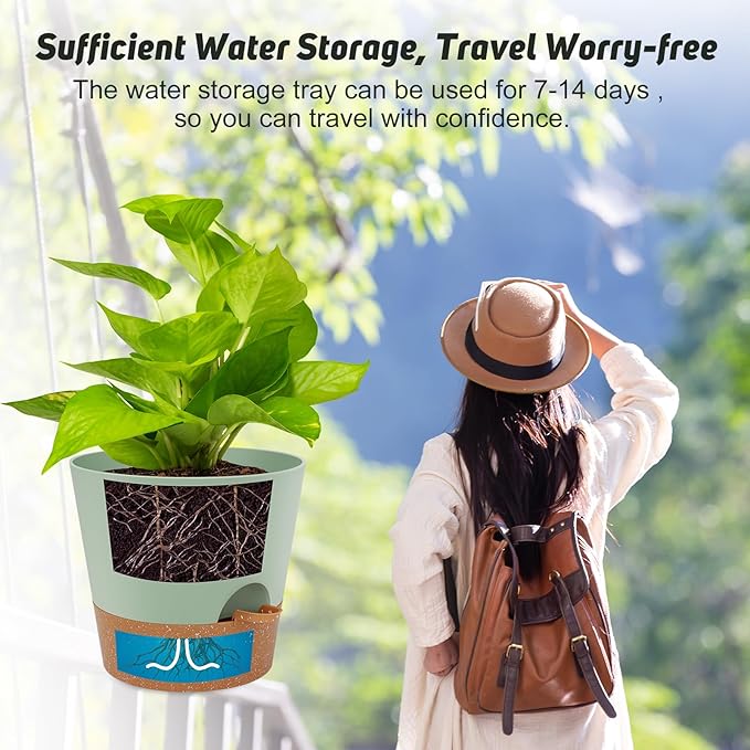 10-Inch Plant Pots, Self-Watering Planters with Drainage Holes & Saucers for Indoor and Outdoor Plants (2-Pack, Green)-BloomoryGarden
