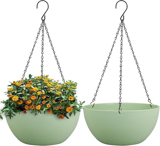 13 inch Large Hanging Planters Plant Pots for Outdoor Indoor Plants with Drainage Holes and Chain, 2 Pack Round Hanging Flower Pots for Garden Home Porch Decor, Green-BloomoryGarden