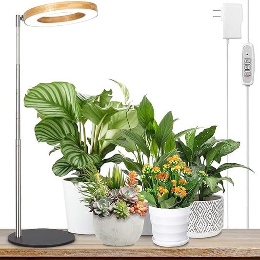 LORDEM Bamboo Grow Light for Indoor Plants, Full Spectrum Plant Light for Indoor Growing, Desk LED Grow Lamp with Auto On/Off Timer for 4H/8H/12H, 4 Dimmable Levels, Height Adjustable, 1 Pack-BloomoryGarden