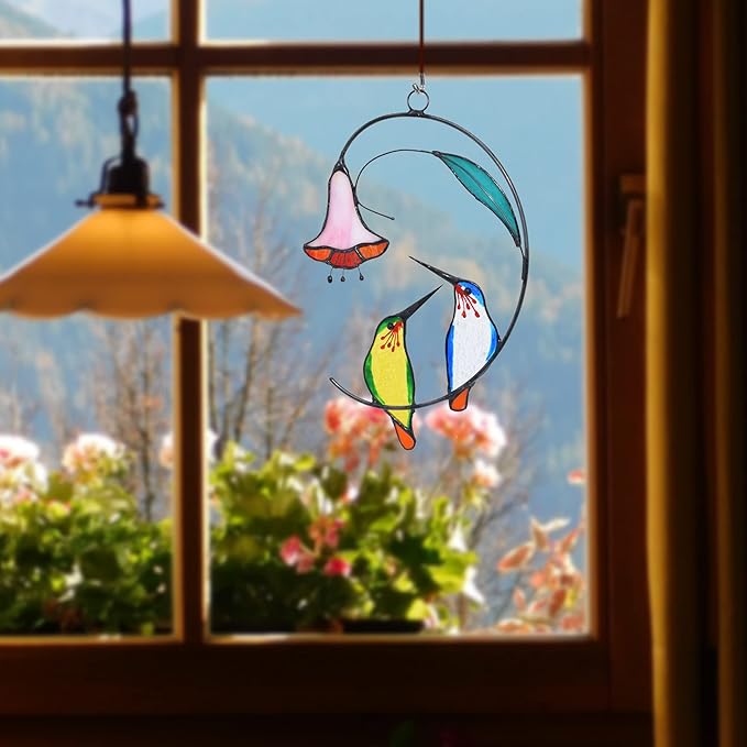 Lolitarcrafts Hummingbird with Flower Stained Glass Suncatcher Bird Stained Glass Window Hangings Hummingbird Gift for Home Decor (Green and Blue)-BloomoryGarden
