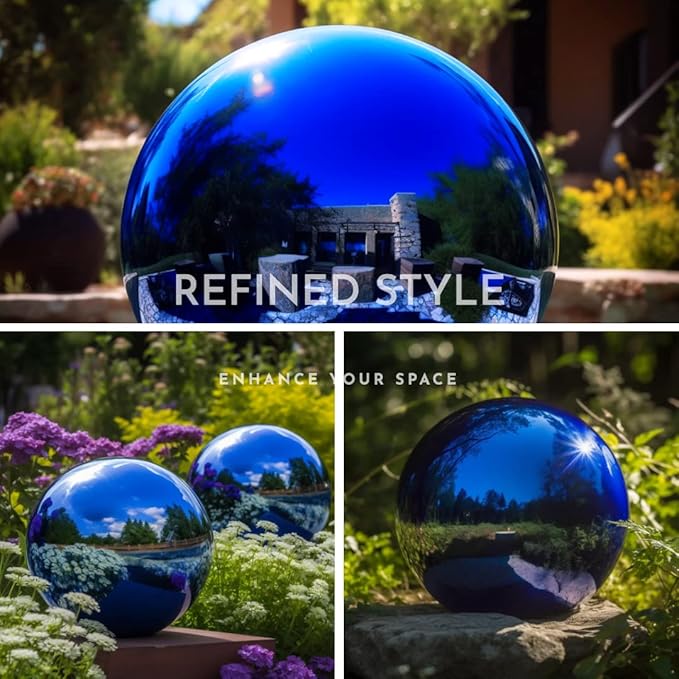 10 Inch Stainless Steel Gazing Globe,v2croft Hollow Ball Mirrored Surface Polished Shiny Sphere,Garden Stainless Steel Gazing Ball for Outdoor Lawn Pond Yard Ornament(Blue)-BloomoryGarden