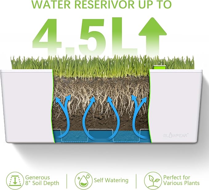 Glowpear Self Watering Railing Planter Box - 23.6", White - UV Stable, Scalable Plant Pot with Water Gauge, Indoor Outdoor for Vegetables, Flowers, Herbs, and Succulents-BloomoryGarden